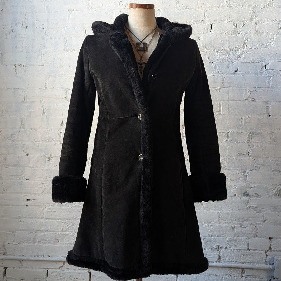 Vintage Black Suede Leather Penny Lane Coat Faux Fur Trench Minimalist Jacket