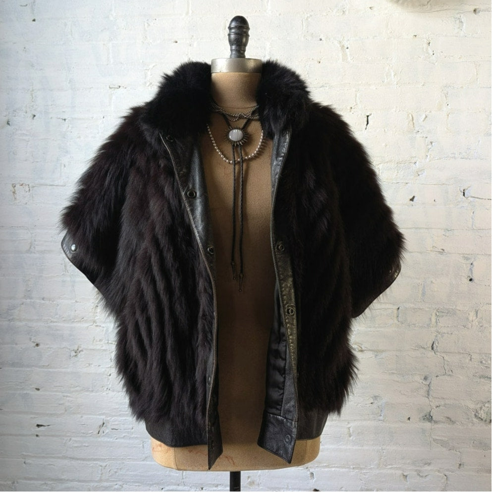 Vintage Black Leather Fox Fur Biker Jacket Minimalist Grunge Goth Moto Vest Coat