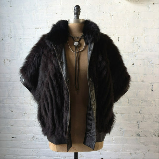 Vintage Black Leather Fox Fur Biker Jacket Minimalist Grunge Goth Moto Vest Coat