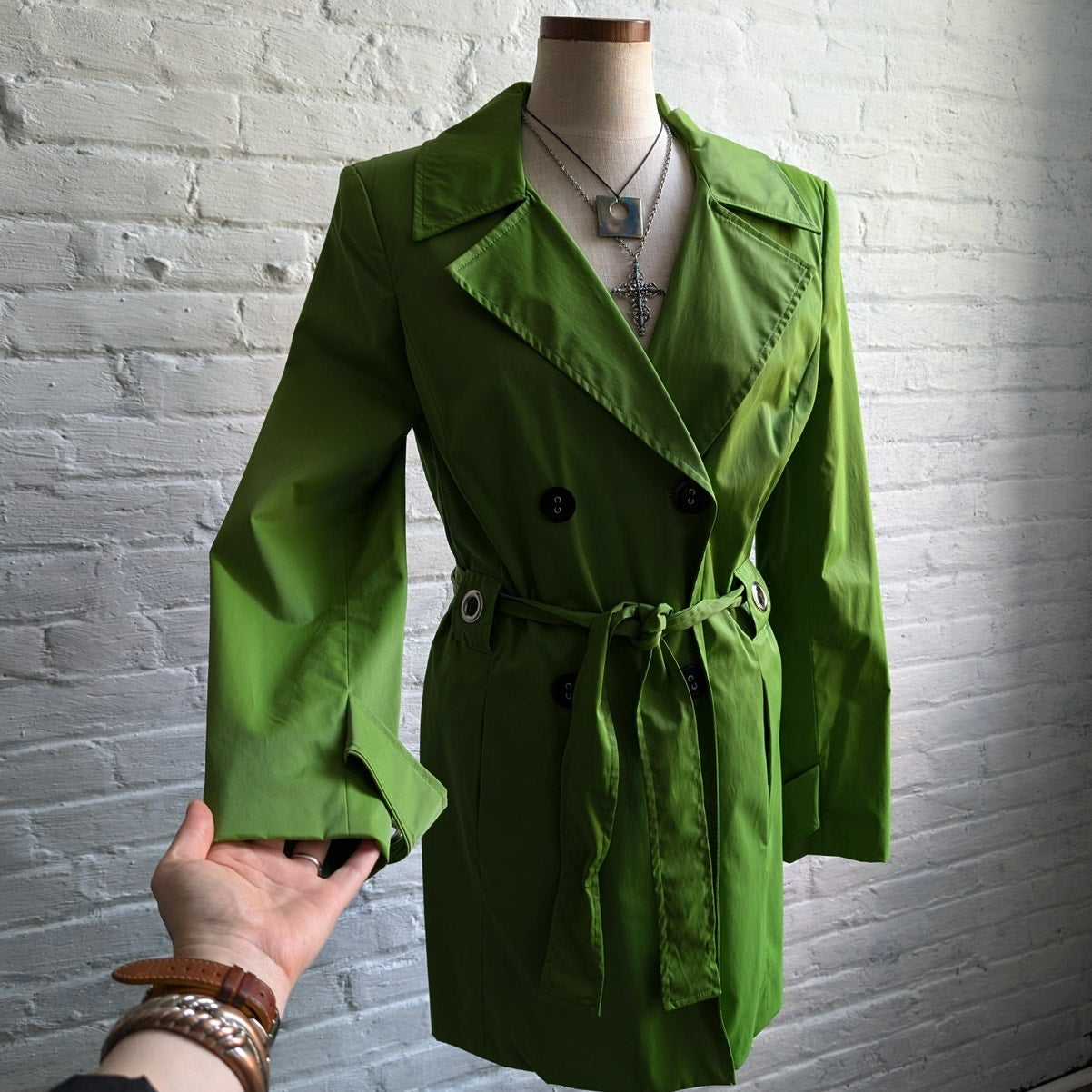 Y2K Lime Green Trench Coat Earthy Minimalist Preppy Belted Rain Jacket Medium