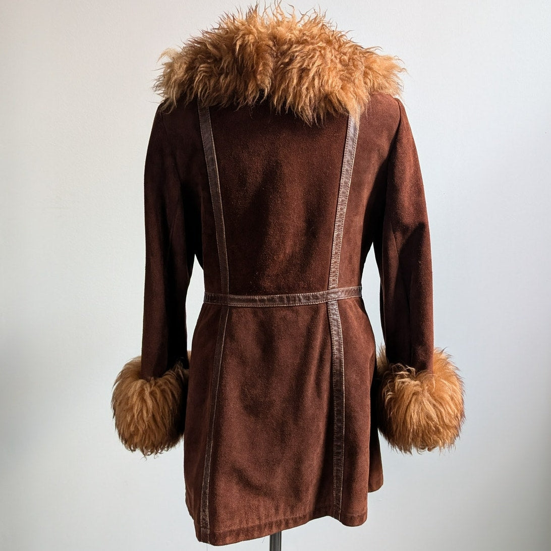 Vintage Brown Suede Penny Lane Jacket Groovy Fur Coat 70s Leather Western Medium
