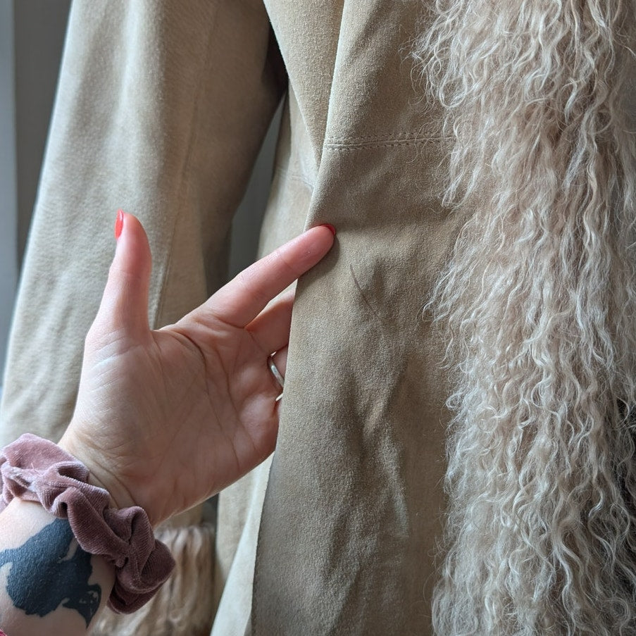 Vintage Tan Suede Penny Lane Jacket Fur Coat Groovy Leather Trench Coat Large