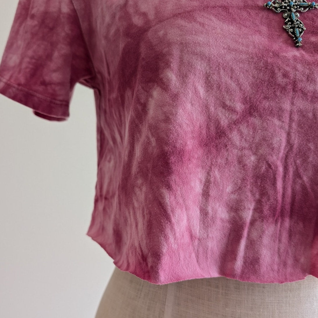 Y2K Pink Tie Dye Graphic Tee Crop Top S Concert Festival Cactus Boho Chic Top