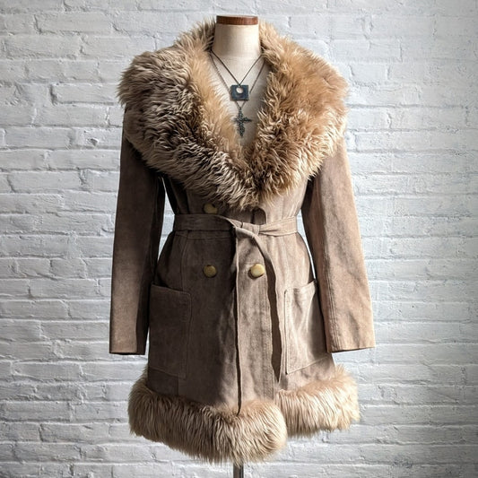 70s Vintage Brown Leather Penny Lane Coat Tan Suede Fur Groovy Boho Afghan Coat