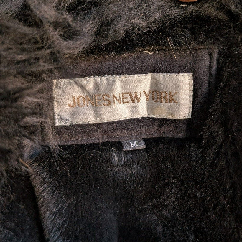 Vintage Black Suede Penny Lane Coat Fur Mini Trench Minimalist Goth Furry Jacket