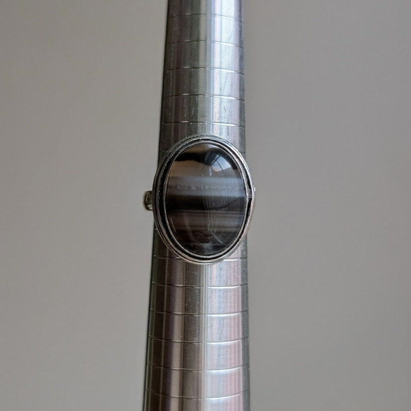 Black Smoke Striped Sterling Silver Ring Retro Vintage Boho Natural Stone Size 8