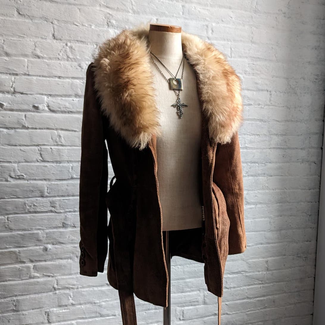 70s Penny Lane Groovy Suede Fur Jacket Furry Genuine Leather Mod Trench Coat