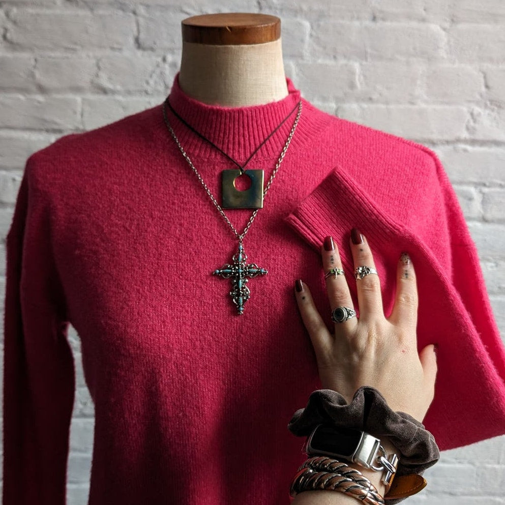 Vintage Hot Pink Knit Sweater Y2K Spring Barbie Romantic Kawaii Granny Chic Top