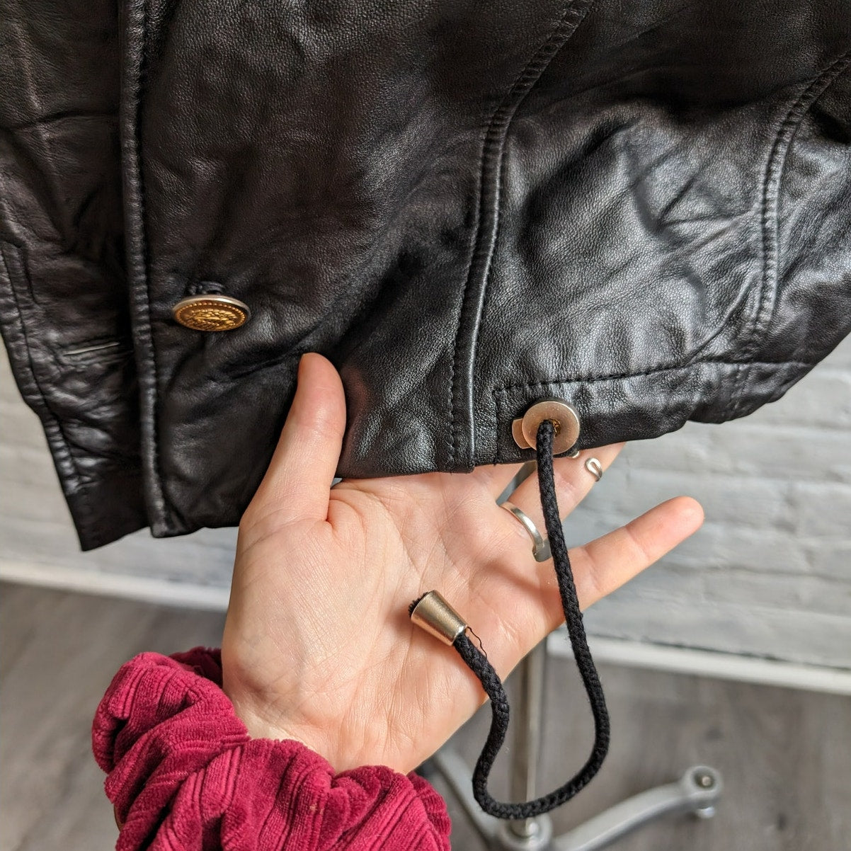 Vintage Black Genuine Leather Biker Jacket Hooded Faux Fur Grunge Duster Coat