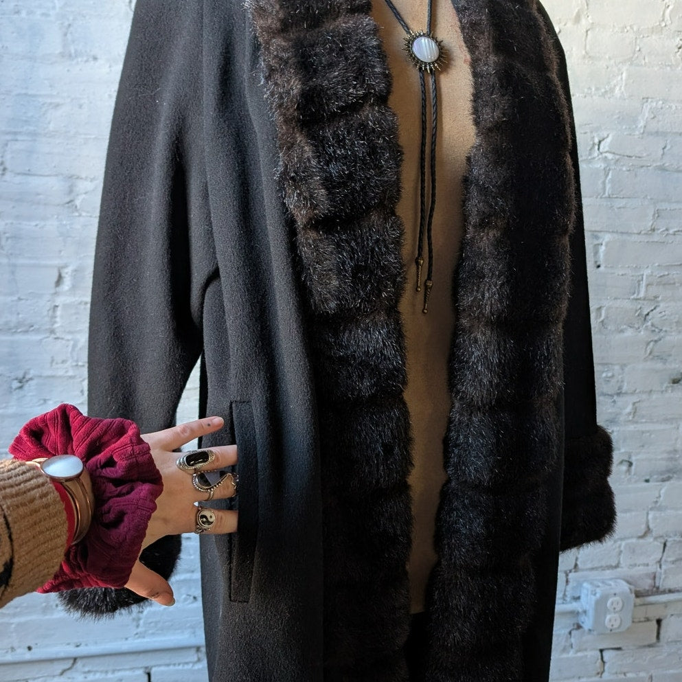 Vintage Black Wool Trench Coat Faux Fur Minimalist Penny Lane Grunge Goth Jacket