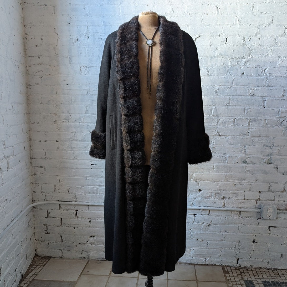 Vintage Black Wool Trench Coat Faux Fur Minimalist Penny Lane Grunge Goth Jacket
