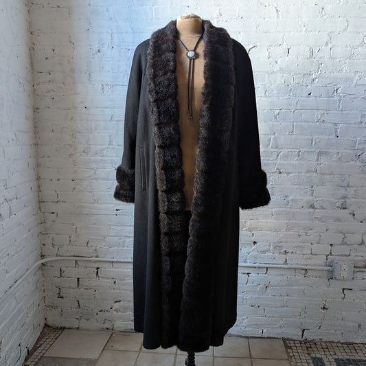 Vintage Black Wool Trench Coat Faux Fur Minimalist Penny Lane Grunge Goth Jacket
