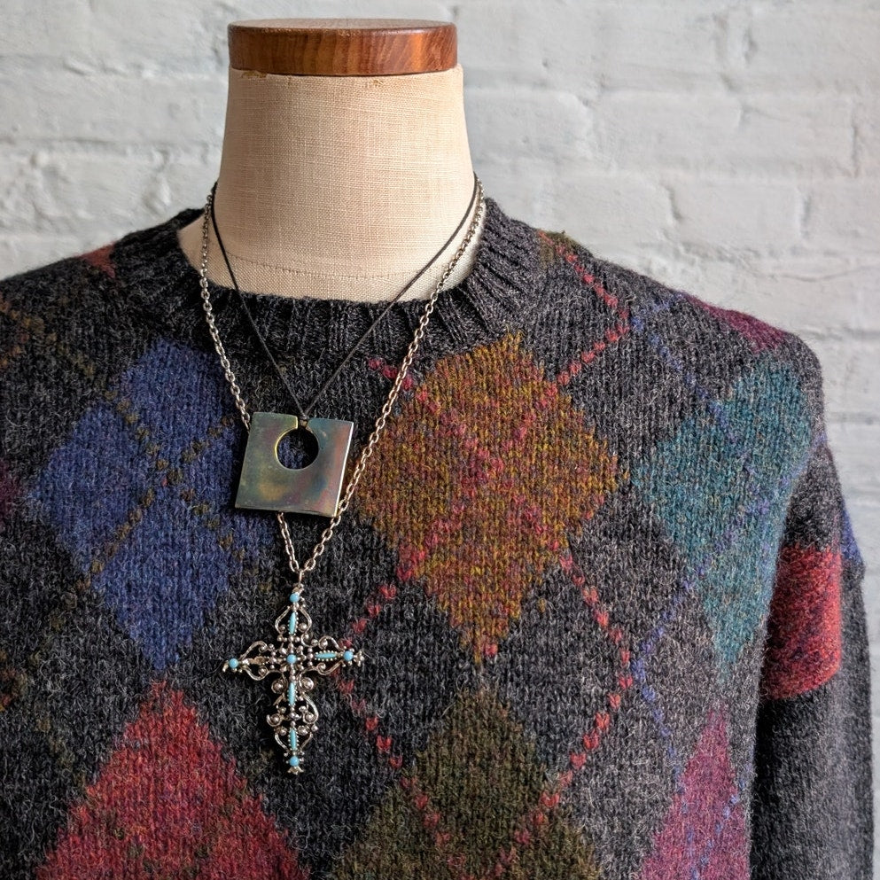 Vintage Grey Wool Knit Argyle Grandpa Sweater Grunge Cottage Dark Academia Top