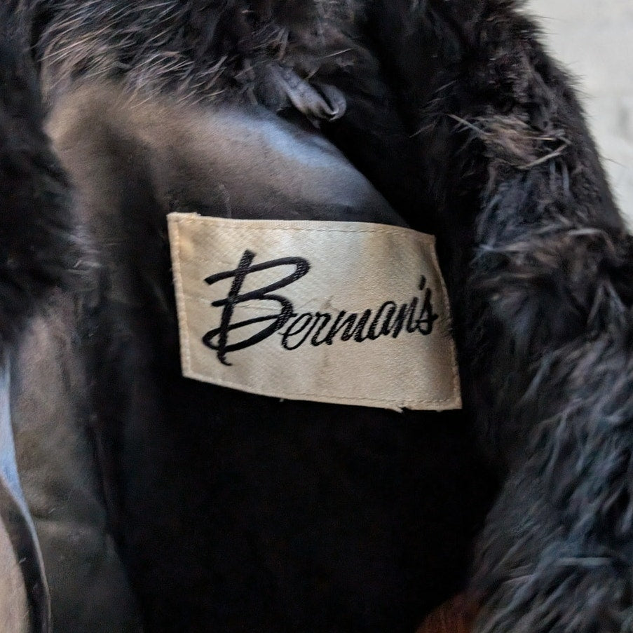 Vintage Jet Black Genuine Rabbit Fur Coat Minimalist Furry Fuzzy Bomber Jacket