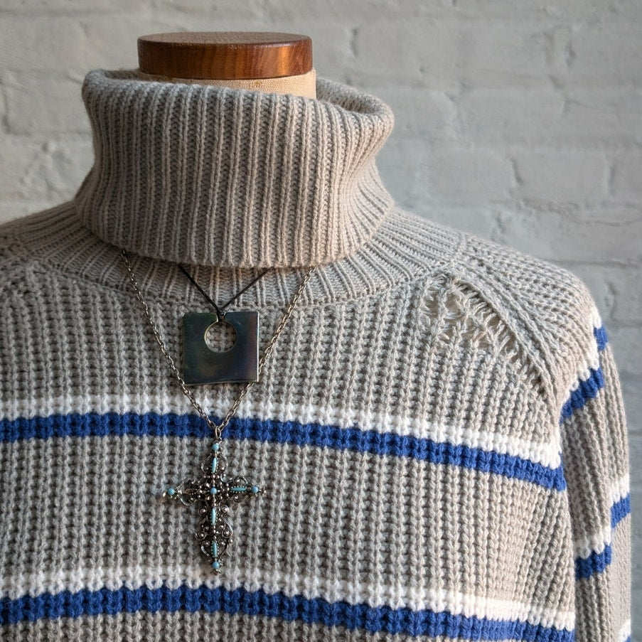 Y2K Oversize Gray Striped Knit Grandpa Sweater Boho Chic Preppy Chunky Fuzzy Top