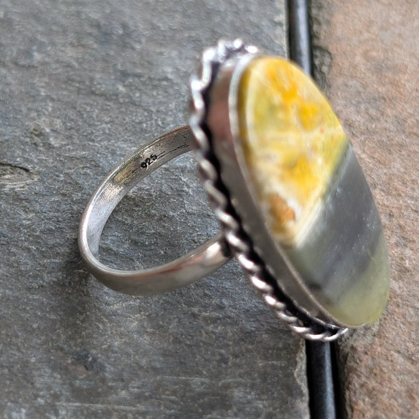 Mustard Oval Silver Boho Chic Statement Ring Groovy Vintage Southwest Size 9