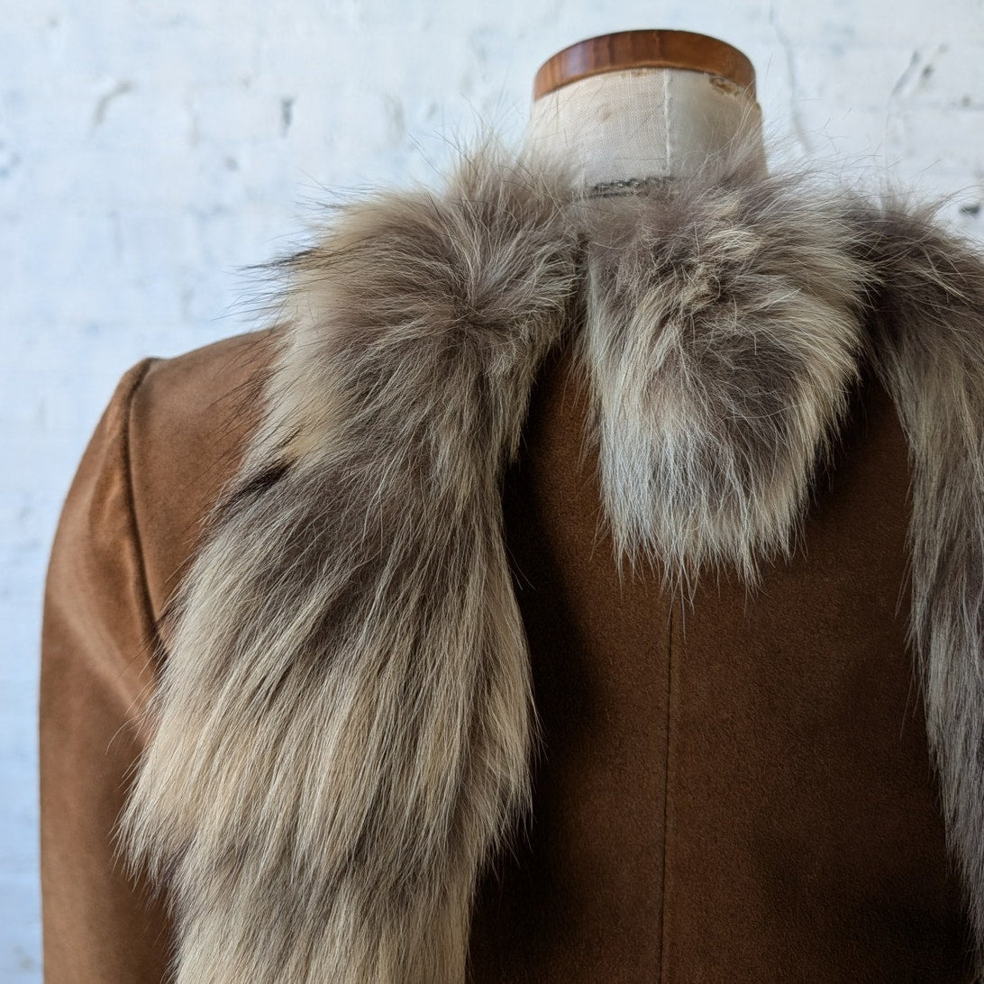 Vintage Brown Leather Jacket Fur Festival Jacket Foxtail Furry Boho Suede Medium
