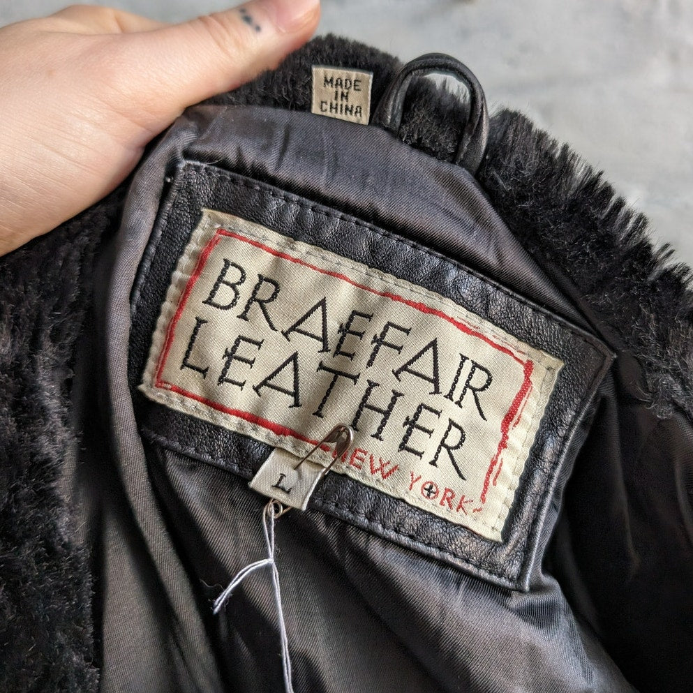 Vintage Black Genuine Leather Biker Jacket Hooded Faux Fur Grunge Duster Coat