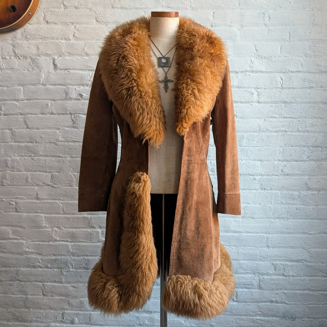 Vintage Brown Suede Penny Lane Jacket Fur Furry Leather Groovy Mod Trench Coat