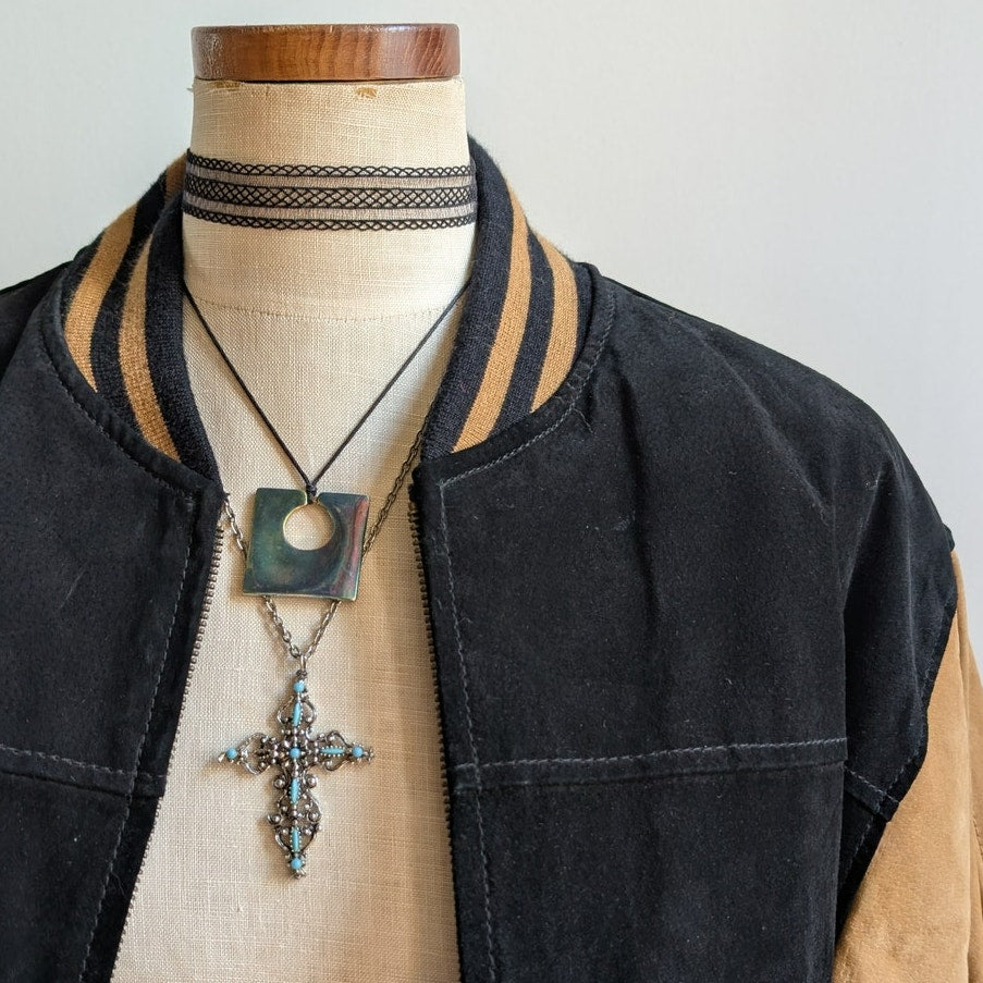 Vintage Black Leather Bomber Jacket Brown Suede Jacket Y2K Varsity Preppy Large