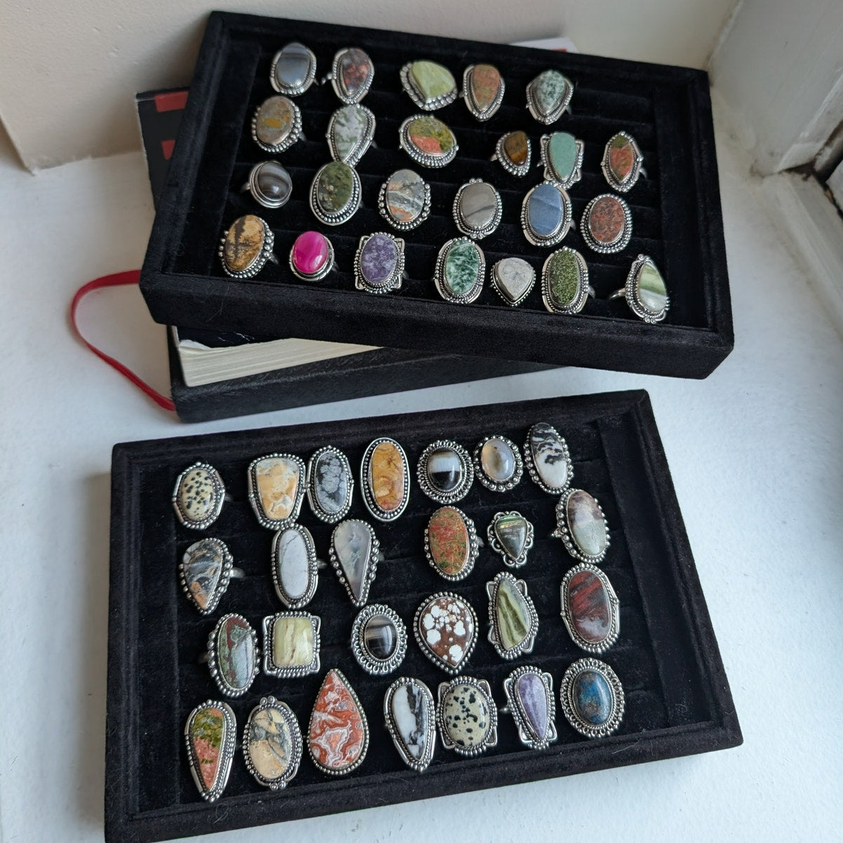 White Square Sterling Silver Ring Retro Vintage Boho Natural Stone Size 8.25