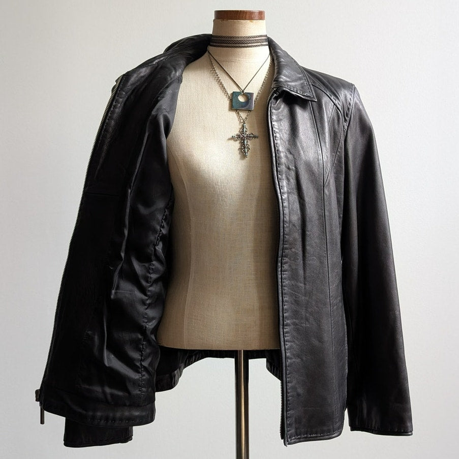 Y2K Vintage Black Leather Moto Jacket Lambskin Coat Minimalist Biker Goth Large