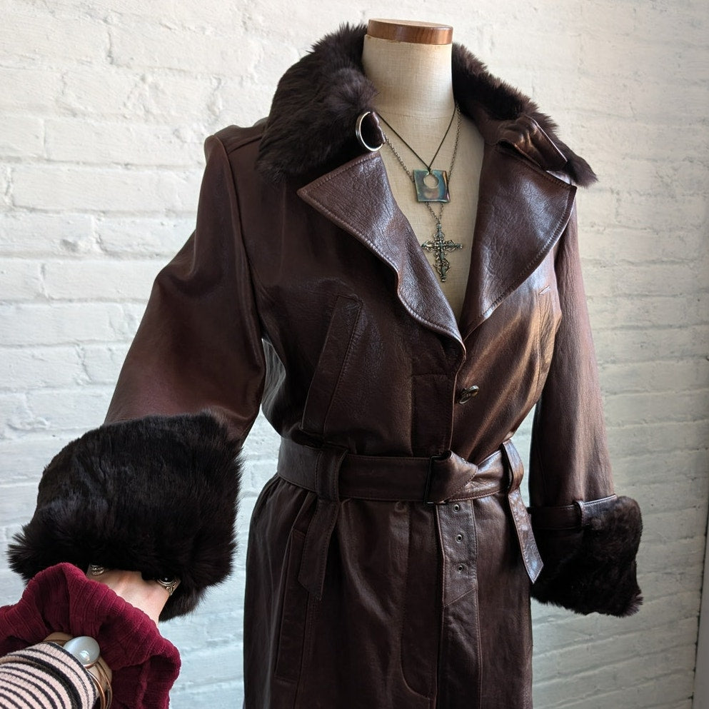 Vintage Burgundy Leather Penny Lane Trench Coat Genuine Fur Grunge Boho Jacket