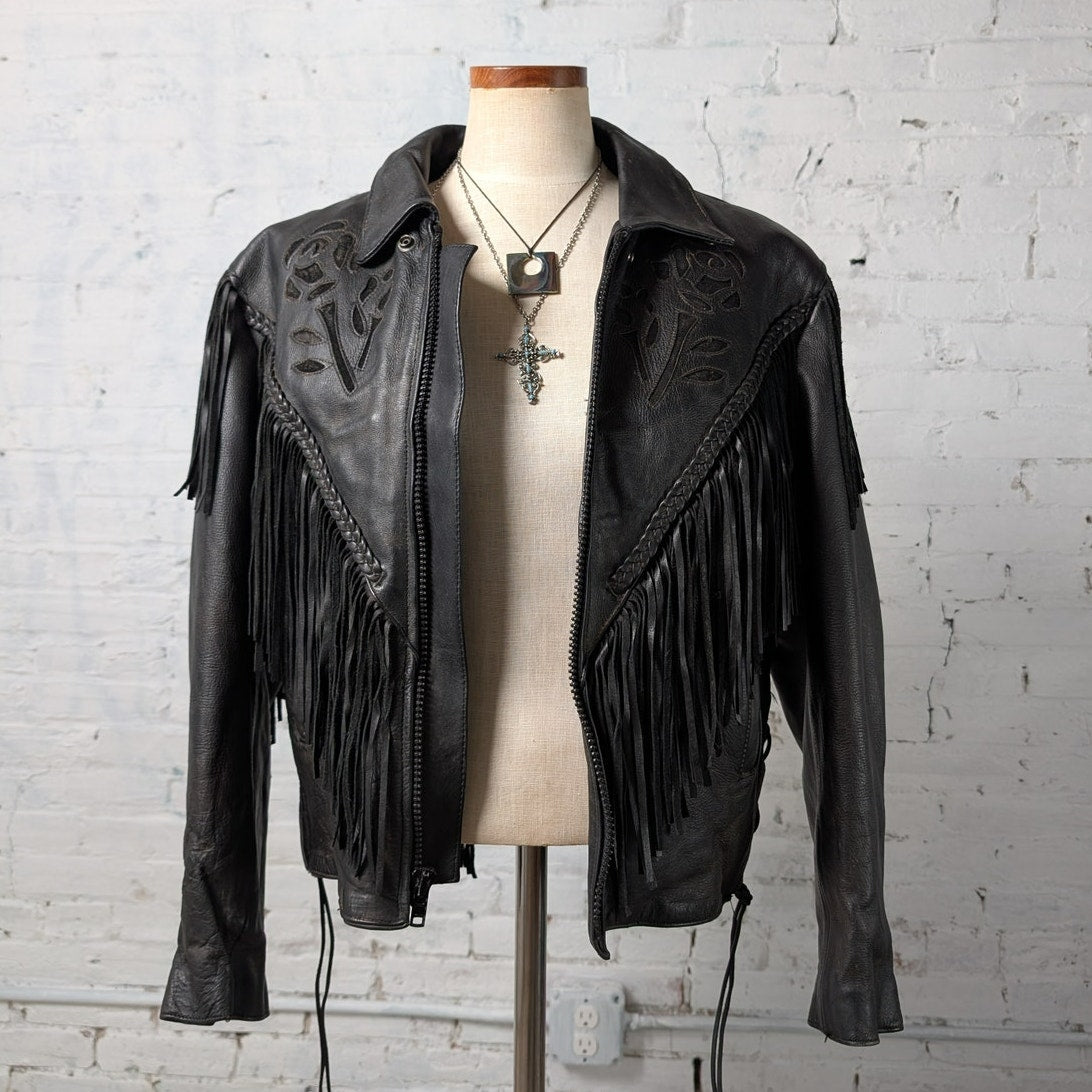 Vintage Black Leather Biker Fringe Jacket Moto Western Velvet Goth Coat Large