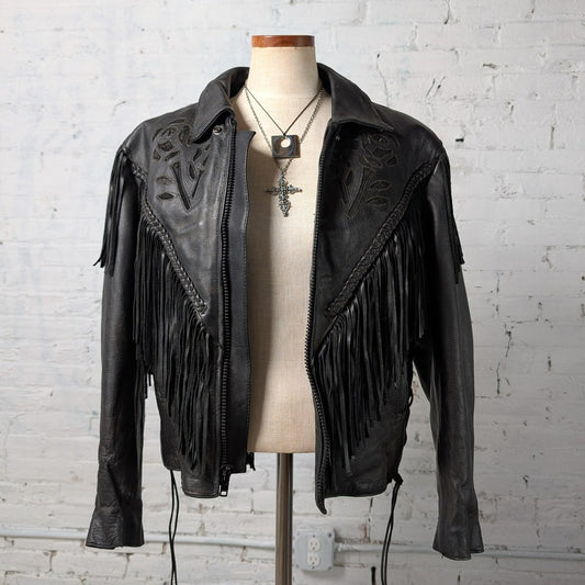 Vintage Black Leather Biker Fringe Jacket Moto Western Velvet Goth Coat Large