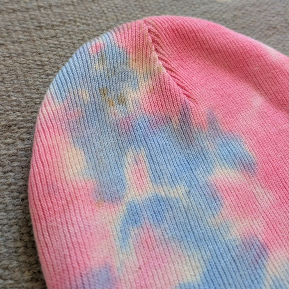 Tie Dye Beanie Pink Blue Cotton Knit Festival Hat Embroidered Exit Bellingham
