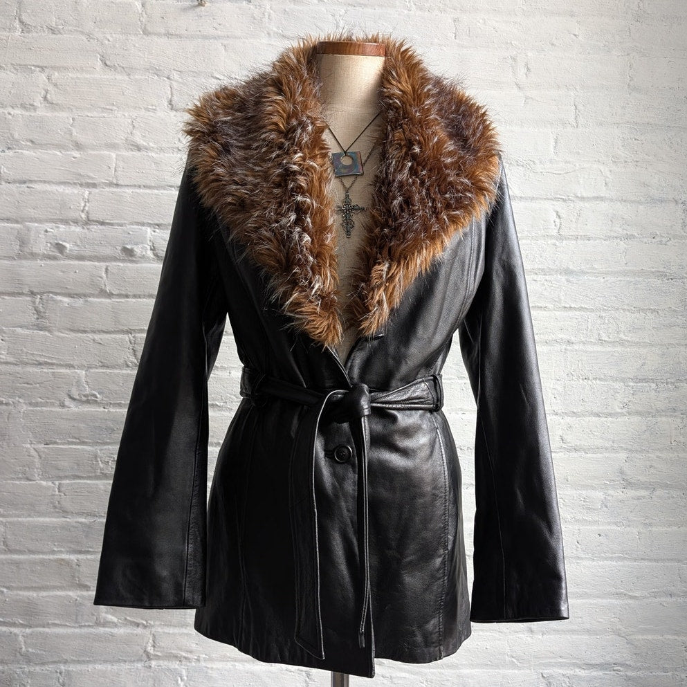 Vintage Black Minimalist Leather Fur Coat Penny Lane Chic Goth Furry Moto Jacket