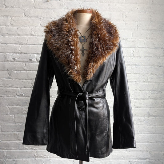 Vintage Black Minimalist Leather Fur Coat Penny Lane Chic Goth Furry Moto Jacket