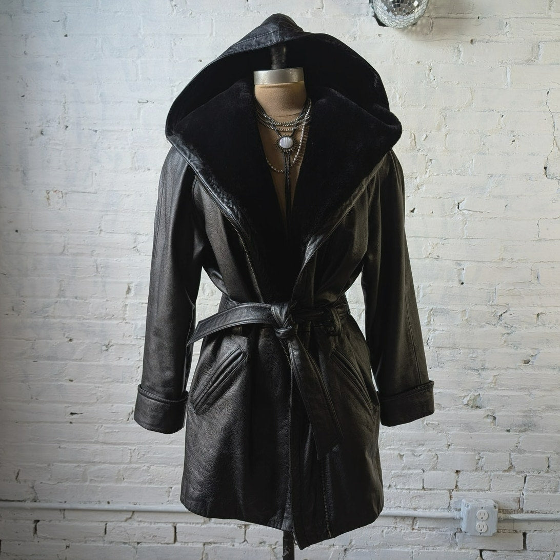 Vintage Black Leather Penny Lane Coat Faux Fur Trench Minimalist Goth Jacket