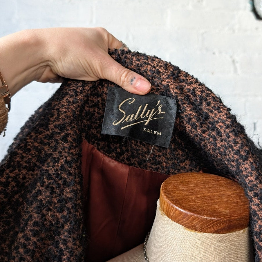 Vintage Black Rusty Fuzzy Wool Trench Coat Preppy Knit Boucle Boho Breezy Jacket