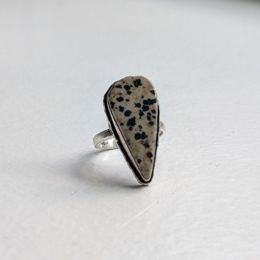 Cream Spotted Boho Statement Ring Sz 9.5 Sterling Silver Vintage Southwest Oval