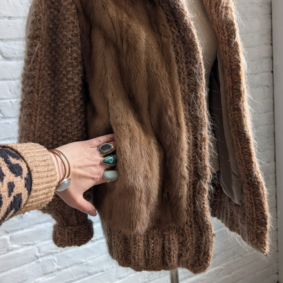 Vintage Chunky Knit Mink Fur Coat Mohair Sweater Vest Minimalist Boho Jacket