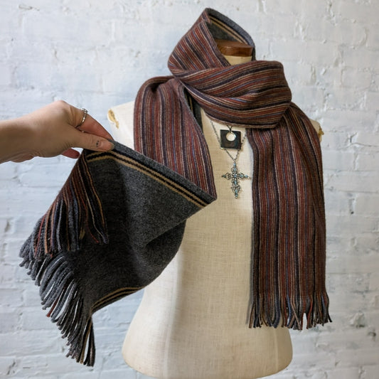 Vintage Muted Rainbow Striped Wool Blend Scarf Fuzzy Furry Knit Fringe Wrap