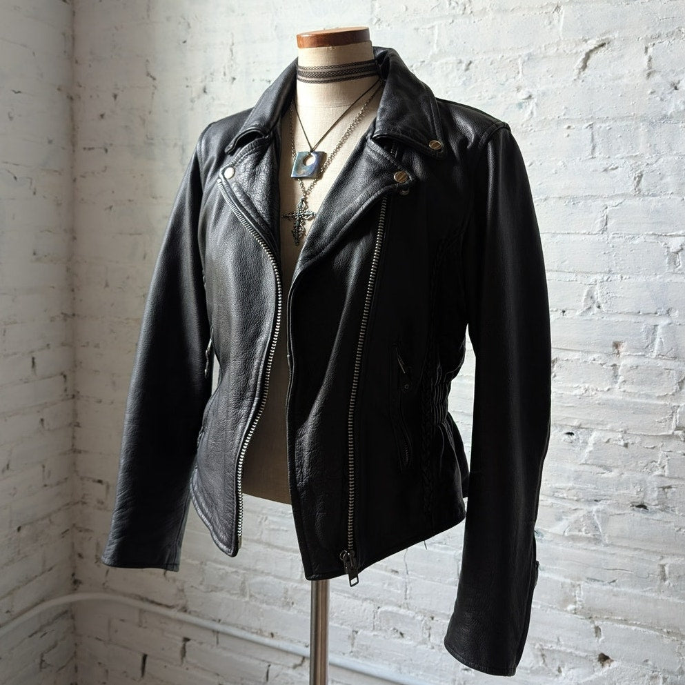 Vintage Black Leather Biker Jacket Minimalist Chic 90s Black Leather Coat Small