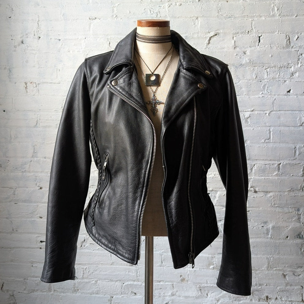 Vintage Black Leather Biker Jacket Minimalist Chic 90s Black Leather Coat Small