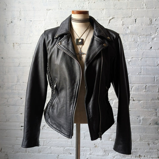 Vintage Black Leather Biker Jacket Minimalist Chic 90s Black Leather Coat Small