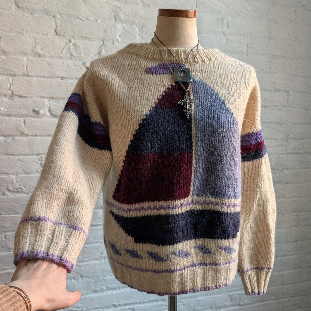 Vintage Wool Nautical Sweater Crewneck Knit Chunky Coastal Boho Grandpa Cozy Top