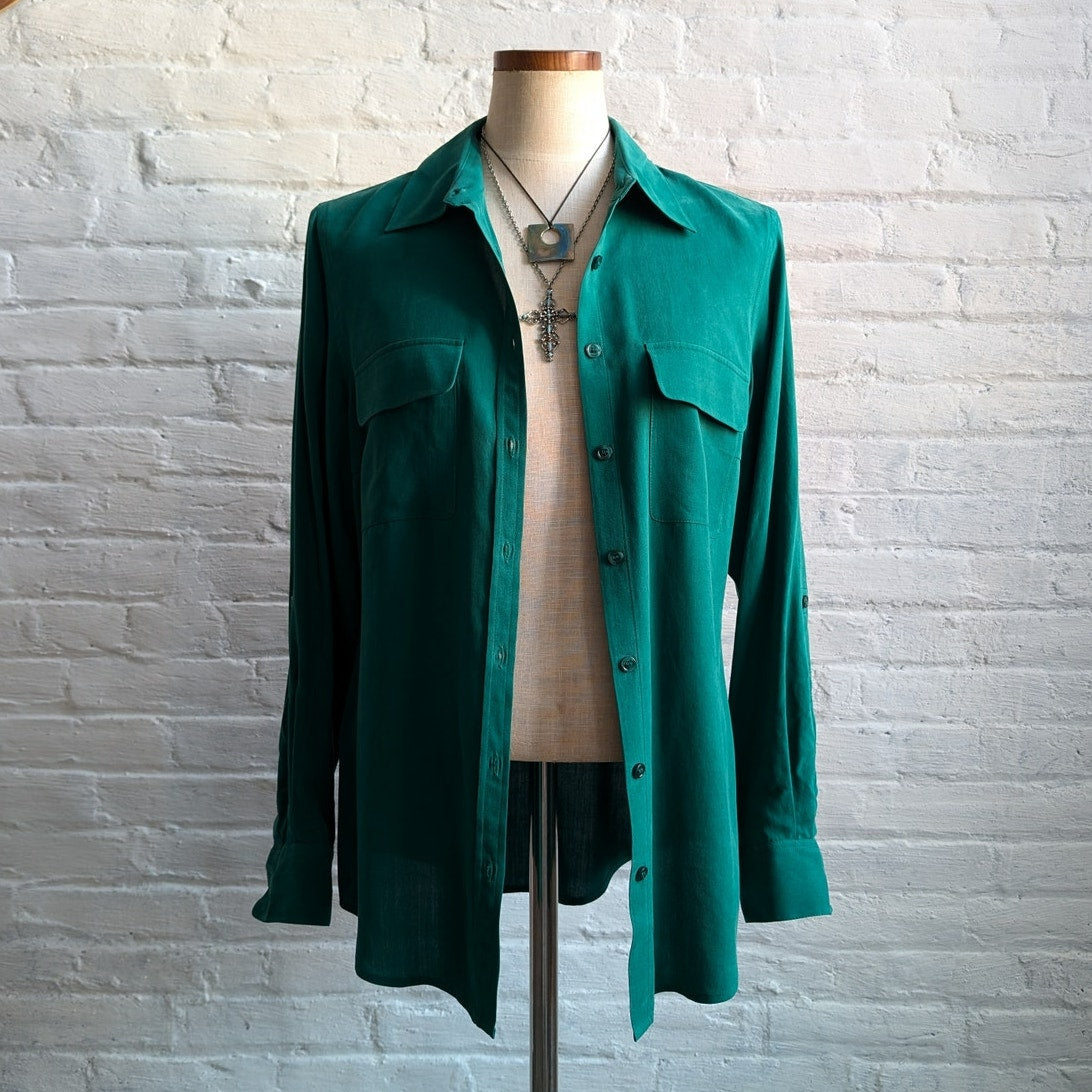 NWT Vintage Green Silk Top Button Front Blouse Earthy Hunter Sage Green Medium