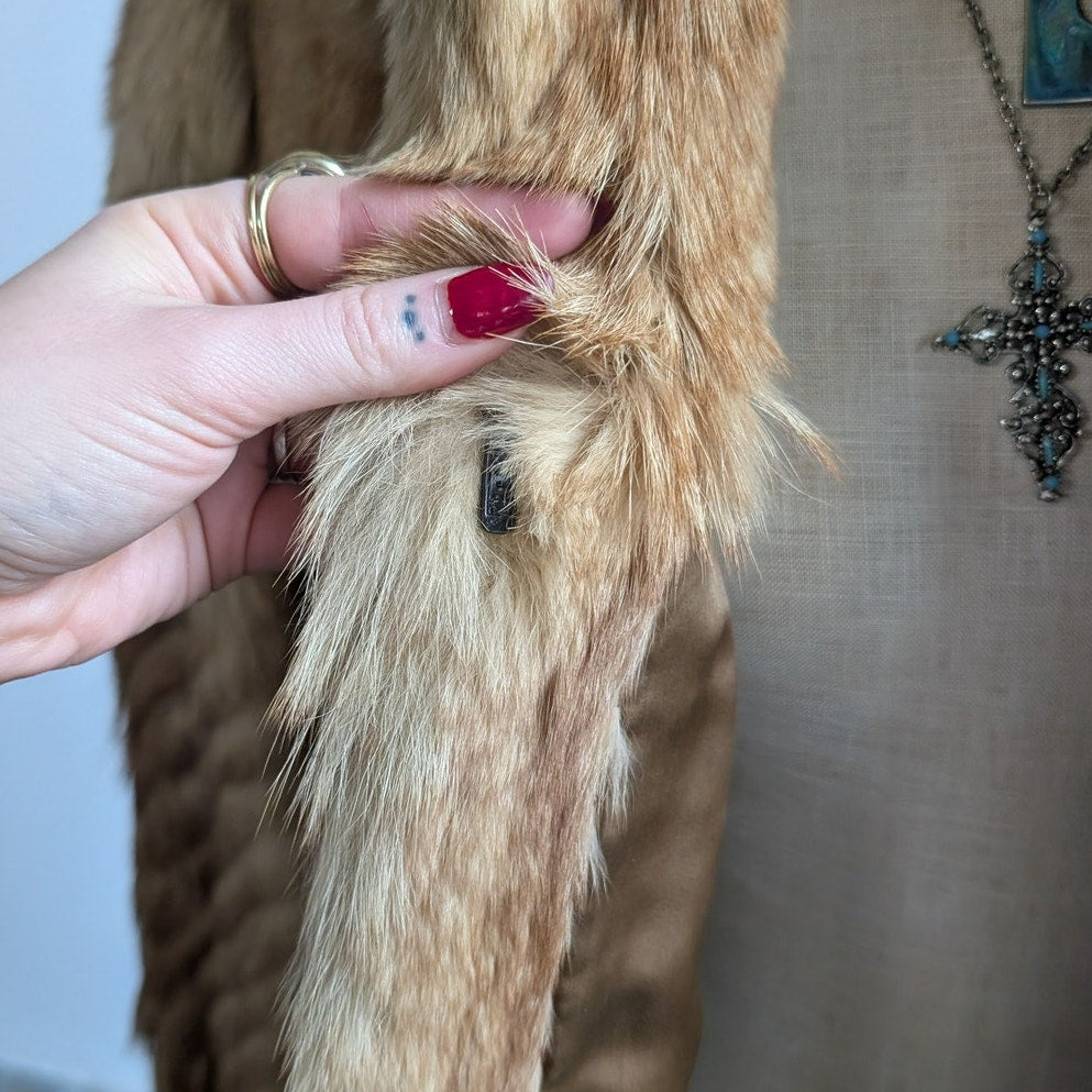 Vintage Brown Fur Coat Coyote Fox Fur Trim Coat Tan Neutral Winter Jacket Medium