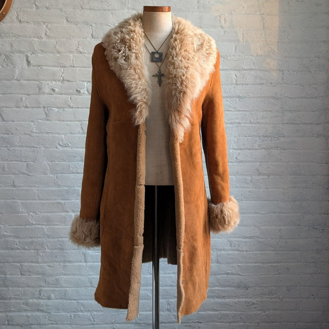 Vintage Orange Suede Penny Lane Fur Jacket Groovy Boho Furry Western Trench Coat