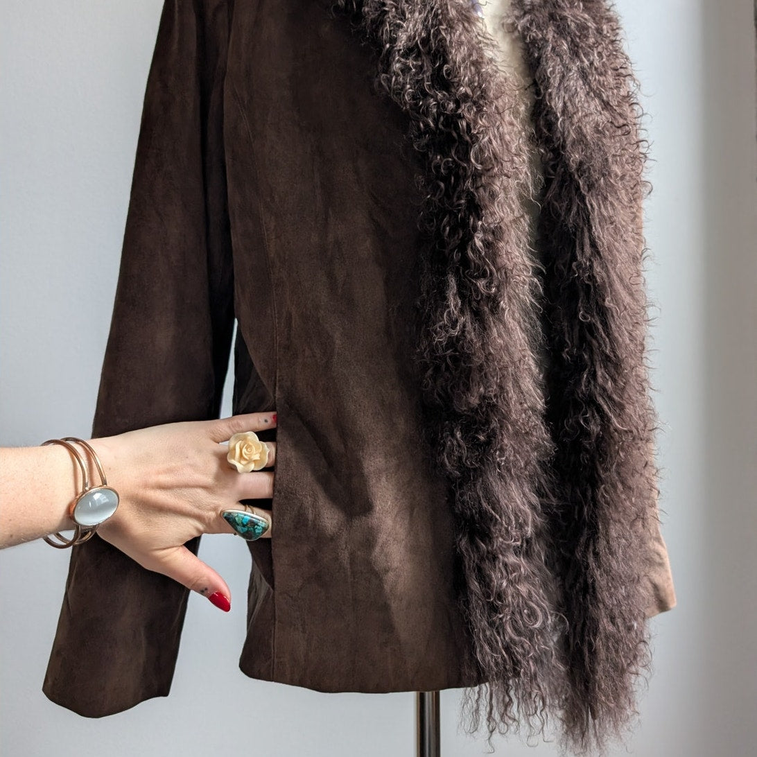 Vintage Brown Suede Penny Lane Jacket Fur Coat Groovy Leather Trench Coat XL