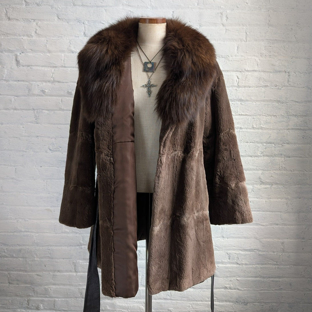 Vintage Brown Fox Fur Penny Lane Coat Mob Wife Leather Belted Furry Trench Coat