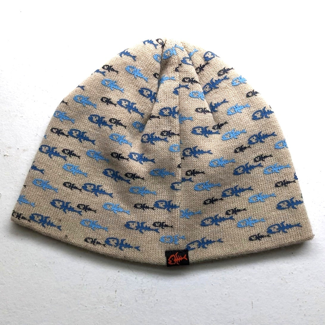 Y2K Vintage Vans Skeleton Fish Beanie 90s Skater Cream Blue Knit Skull Cap Hat