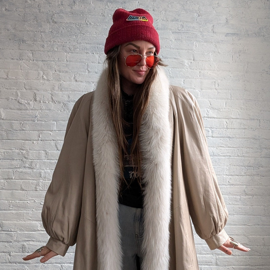 Vintage White Leather Snakeskin Trench Coat Minimalist Penny Lane Fox Fur Jacket