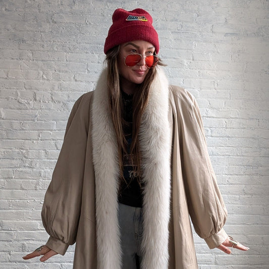 Vintage White Leather Snakeskin Trench Coat Minimalist Penny Lane Fox Fur Jacket