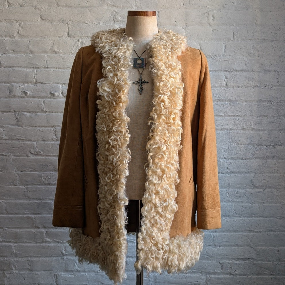 70s Vintage Neutral Tan Suede Penny Lane Jacket Genuine Leather Boho Fur Coat
